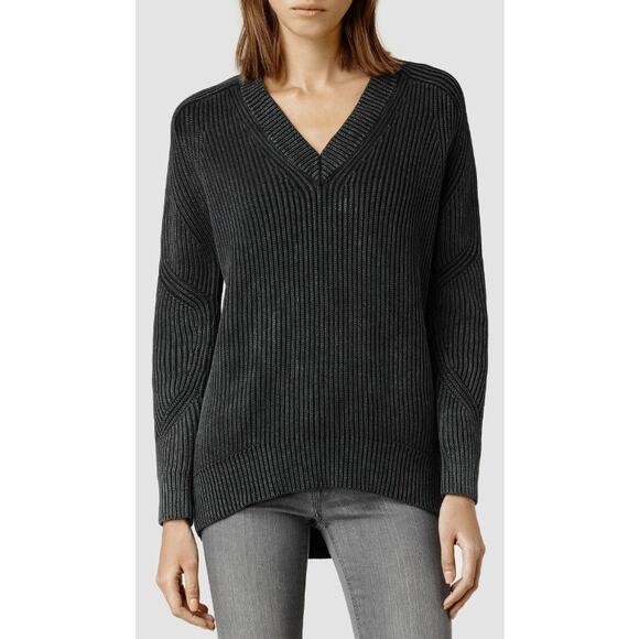 AllSaints Quinta V Neck Sweater Distressed Black Pure Cotton Knit Womens XS - Picture 1 of 7